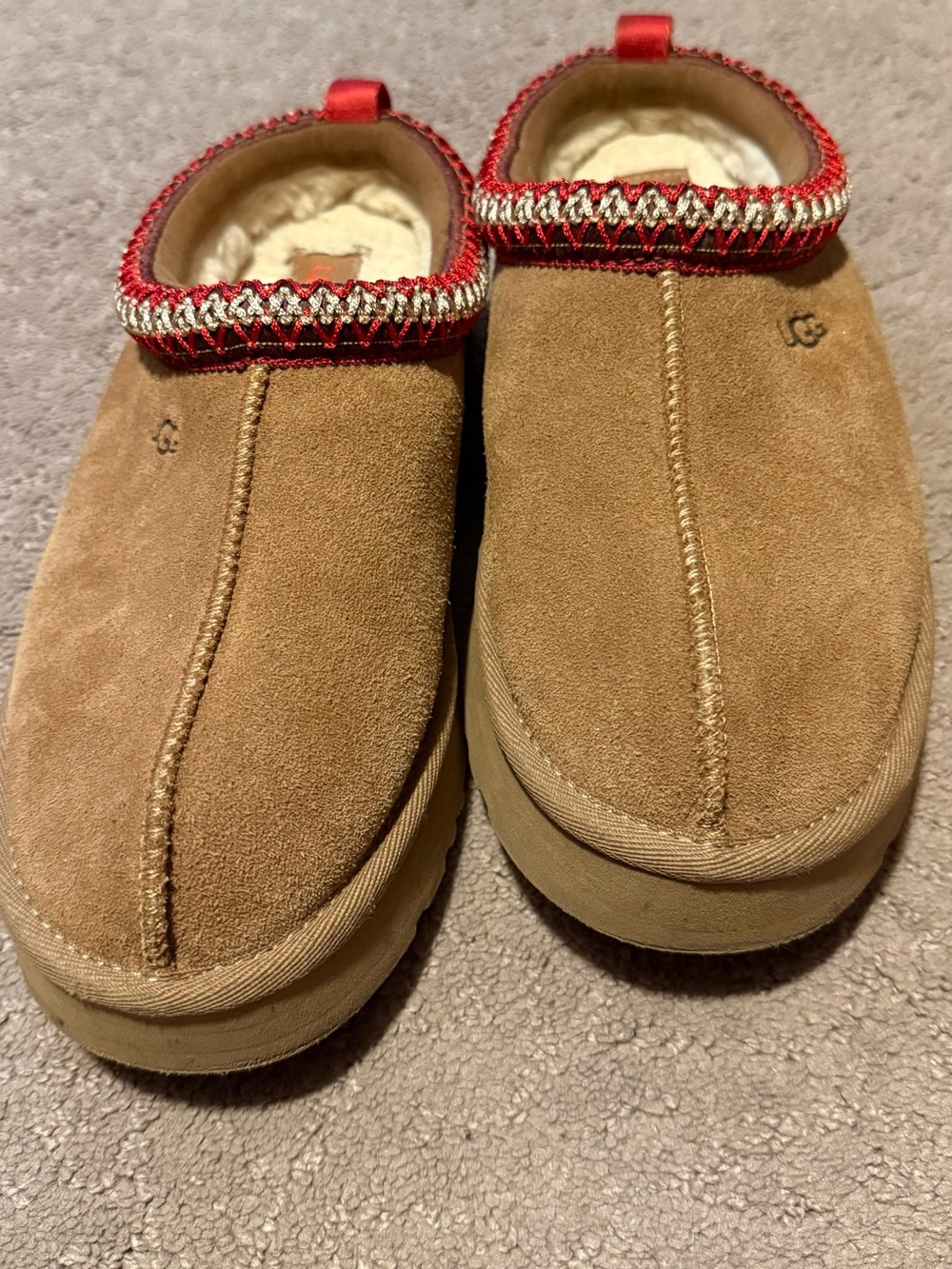 UGG Chestnut Suede Slip-On Slippers with Red and Gold Trim